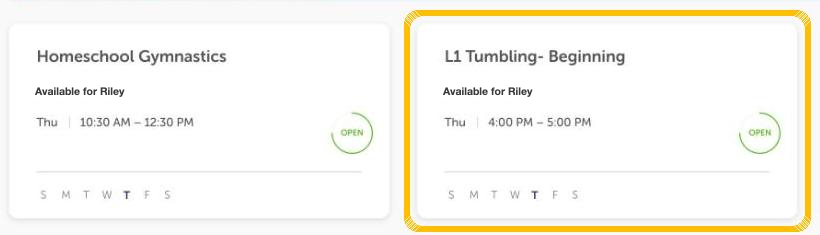 Two class cards with the open L1 Tumbling class highlighted.